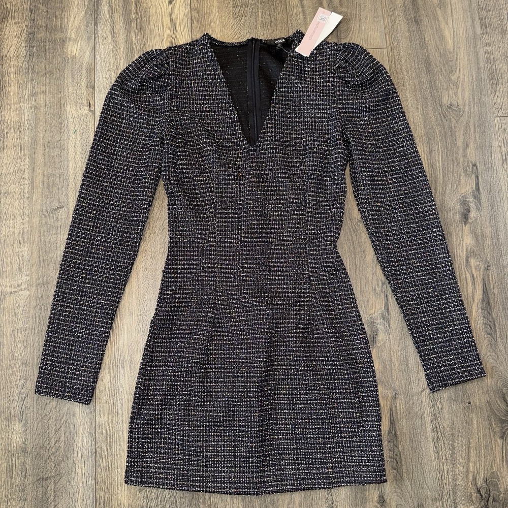NWT Aqua Women's S Puff Sleeve Mini Dress Black Woven Silver Multicolor Gothic